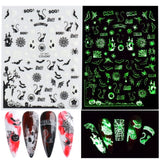 3D Luminous Nail Stickers Decals Black White Spider Web Skull Alien Planet Glow In The Dark Halloween Manicure Foils Tattoo Tips