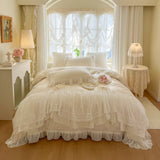 Double Layer Lace Ruffles Princess Wedding Bedding Set 100S Egyptian Cotton Duvet Cover Quilted Bedspread Bed Skirt Pillowcases