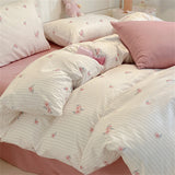 Floral Printed Duvet Cover with Pillowcase Bedding Set Washed Cotton Skin-friendly Four Pieces Set Duvet Cover Set with Sheet