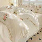 3/4Pcs Washed Cotton Skin-friendly Soft Princess Rose Towel Embroidery Bedding Set Duvet Cover Bed Sheet/Fitted Sheet Pillowcase
