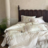 4Pcs Lyocell Soft Silky Cooling Vintage Lace Ruffles Floral Prints Bedding Set Duvet Cover Bed Sheet/Fitted Sheet Pillowcases