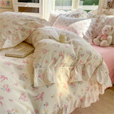 Flower Skin-friendly Bedding Set Class A Washed Cotton Duvet Cover Set Lace Ruffles Quilt Cover Soft Cover Bed Linen Pillowcases