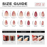 Medium Almond Press On Nails Rose Gold Cat Eye Fake Nails with 3D Flower Leaf False Nails Pearl Glossy Reusable Glue On Nails