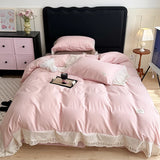 Vintage Plaid Pure Cotton double-layer yarn four-piece set French lace Bedding Set Duvet Cover Pillowcases Flat/Fitted Bed Sheet