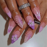 24pcs Long Almond Stiletto Fake Nails Press on Gradient Blue Nails Rhinestone Flower Pearl Design False Nail Wearable Manicure
