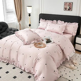 Korean Pink Heart Duvet Cover Sets For Girls New Blue Dot Ruffles Bedding Sets 4PCS Queen Size for Bedroom Guest Room
