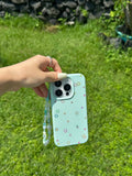 Korean INS Mint Green Little Stars Leather Texture Wrist String Phone Case for iPhone 16 15 14 13 Pro Max Back Phone Cover Capa