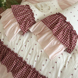 100% Cotton Duvet Cover Set Red Plaid Ruffle Sweet Girls Bedding Set With Pillowcases Romantic Princess Style Bed Linen For Home