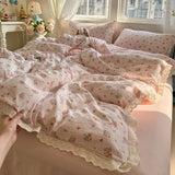 Korean Style Girly Heart Floral Double Layer Gauze Four-Piece Set Princess Style Lace Trim Quilt Cover Bed Sheet Dormitory