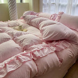 INS Princess Grey Bedding Sets 2025 Solid Color Ruffle Quilt Cover Romantic Bed Sheet Sets Girls Bedroom Duvet Cover 4pcs