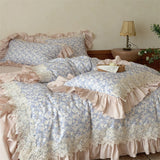 Vintage Floral 100% Cotton Double Gauze Soft Bedding Set Duvet Cover with Crochet Lace & Ruffle Trim, Bed Sheet Pillowcases 4Pcs