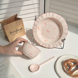 6Pcs Bow Ceramic Set, Cute Food Bowl and Plate Combination Rice Bowl, Household Plate and Spoon, Suitable for Daily Use, Office Meal, Breakfast Rice Bowl and Spoon, Student Dormitory Meal, Travel and Business Trip, Outdoor Pi