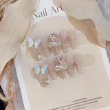 10Pcs Handmade Press on Nails Full Cover Elegant Design French Ballerina Cute Pink False Nails Wearable Manicure Nail Tips Art