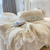 4Pcs Vintage Carved Velvet Lace Ruffles Princess Wedding Bedding Set Queen King Duvet Cover Set Fitted/Flat Sheet Pillowcases