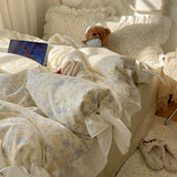 Korean Princess Style Flowers Print Ruffles 100% Cotton Bedding Set Duvet Cover Plaid Flat/Fitted Bed Sheet Pillowcases 3/4Pcs