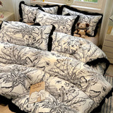 Korean Black White Hepburn Style Bedding Sets Ultra Soft Breathable Duvet Cover Set with Black Lace Fitted Sheet Set for Adults