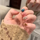 10Pcs Colorful Cat Eye Press on Nails Cute Polka Dots Fake Nails Simple Solid Color False Nails Short Square Glitter Nail Art