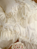 Egyptian Cotton Wedding Bedding Set, Romantic French Lace Ruffles, Flowers Embroidery, Duvet Cover, Bed Sheet, Pillowcases