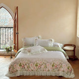 Flower Prints Ruffles Summer Cool Feeling Bedding Set 800TC Lyocell Soft Silky Duvet Cover Flat/Fitted Bed Sheet Pillowcase 4Pcs