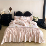 600TC Egyptian Cotton Pink Butterfly Print Pleated Ruffles Bedding Set Duvet Cover Bed Sheet/Fitted Bed Sheet Pillowcases 4Pcs