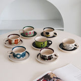 1Set Mid-Century Style Hand-Painted Flower Pattern Ceramic Cup and Saucer, High-End Exquisite Coffee Cup and Saucer, Suitable for Home Decoration, Home Drinking Water, Home Daily Use, Party, Breakfast Milk Cup, Afternoon Tea