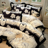 Korean Black White Hepburn Style Bedding Sets Ultra Soft Breathable Duvet Cover Set with Black Lace Fitted Sheet Set for Adults