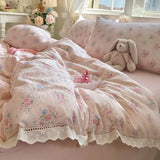 Korean Style Girly Heart Floral Double Layer Gauze Four-Piece Set Princess Style Lace Trim Quilt Cover Bed Sheet Dormitory