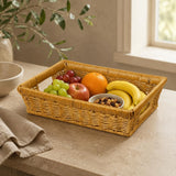Shallow Woven Basket Tea-Colored Rectangular Storage Basket Home Organization Tight Weave Natural Material
