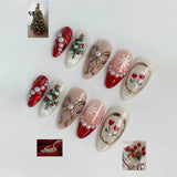 24pcs Rhinestone Fake Nail Christmas Blush Almond Nails Sets Press on French Red Nails Tips Star Design Pink False Nail Finished