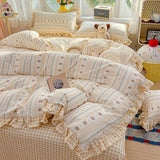 3/4Pcs Bedding Set Korean Princess Ruffle Cute And Whimsical Plaid Cat Cartoon Style Bed Sheets Kawaii Linen 2 Bedroom Cotton