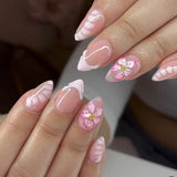 24Pcs 3D Flower Pearl Press on Nails Short Almond Acrylic False Nails Blush Pink Sweet Cool Fake Nails French Summer Nail Art
