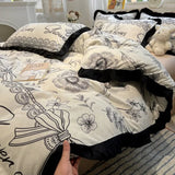 Hepburn Style Floral Print Bedding Sets Elegant Lace Super Soft Cozy Flat Sheet Set Home Dorm Textile Supplies for All Seasons