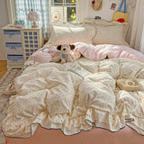 Princess Style Cartoon Floral Ruffles Bedding Set Washed Cotton Duvet Cover Bed Sheet Pillowcases Single Full Queen Size 3/4Pcs