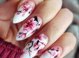 24pcs Pink Almond False Nail Art Datachable Cute Cherry Bow Design Nails Sets Press on Mid-length French Fake Nails Tip Finished