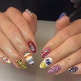 French Almond False Nails Retro Flowers Wearable Hand Drawn Press on Nails for Woman Datachable Full Cover False Nails Tips