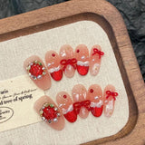 10Pcs Pink Handmade Press on Nails Full Cover Bow Tie Rhinestone Design French Almond Fake Nails Wearable Manicure Nail Tips Art