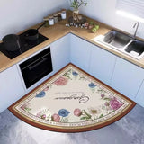 Kitchen Corner Fan-shaped Floor Mat Retro Arc Flower Pattern PVC Foot Mats Absorbs Water Oil Non-slip Dirt-resistant Dark Carpet