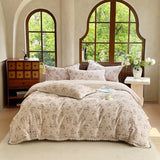 100% Brushed Cotton Bedding Set French Vintage Floral Duvet Cover Black Lace Trim Soft Pure Cotton Bed Sheet Pillowcases 4Pcs