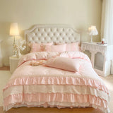 Pink Korean Princess Wedding 100% Cotton Bedding Set Four Layers Lace Ruffles Duvet Cover Bed Skirt Bedspread Pillowcases 4Pcs