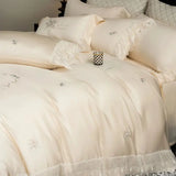 Flowers Embroidery Romantic Lace Edge Bedding Set 800TC Lyocell Silky Cooling Duvet Cover Flat/Fitted Bed Sheet Pillowcases 4Pcs