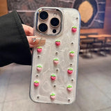 Luxury 3D Strawberry Phone Case For iphone 16 15 14 13 12 11 Pro Max Plus Girl Epoxy Electroplated Back Cover Gift