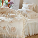 120S Egyptian Cotton Princess Wedding Bedding Set Luxury Rose Embroidery Duvet Cover Lace Quilted Bedspread Bed Skirt Pillowcase