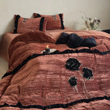 Heavyweight Flannel Bedding Set 4-Piece, Fleece Winter Warm Comforter Cover, Classical Floral Wrinkle Applique Embroidery