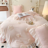 4Pcs French Princess Style Three-Dimensional Rose Flowers White Ruffle 2-Person Cotton Bed Linen Four-Season Pink Bedding Set