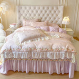 4Pcs Pure Cotton French Flowers Lace Ruffles Princess Wedding Bedding Set Duvet Cover Quilted Bedspread Bed Skirt Pillowcases