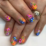 French Almond False Nails Retro Flowers Wearable Hand Drawn Press on Nails for Woman Datachable Full Cover False Nails Tips