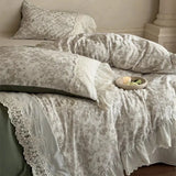 Vintage French Floral Lace Ruffles Bedding Set 100% Cotton Double Yarn Soft Duvet Cover Flat/Fitted Bed Sheet Pillowcases 4Pcs