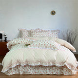 100% Cotton Korean Princess Style Rose Floral Plaid Ruffles Bedding Set Queen King Size Duvet Cover Bed Sheet Pillowcases 4Pcs