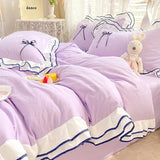 Korean Princess White Bedding Set For Women Double Ruffle Lace Duvet Cover Full Queen Solid Color Comfortable Falt Bed Sheet Set