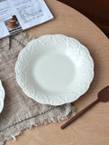 White Relief Dining Plate French Household Ceramic Round Plates Solid Color Dessert Flower Dish Simple Versatile Tableware